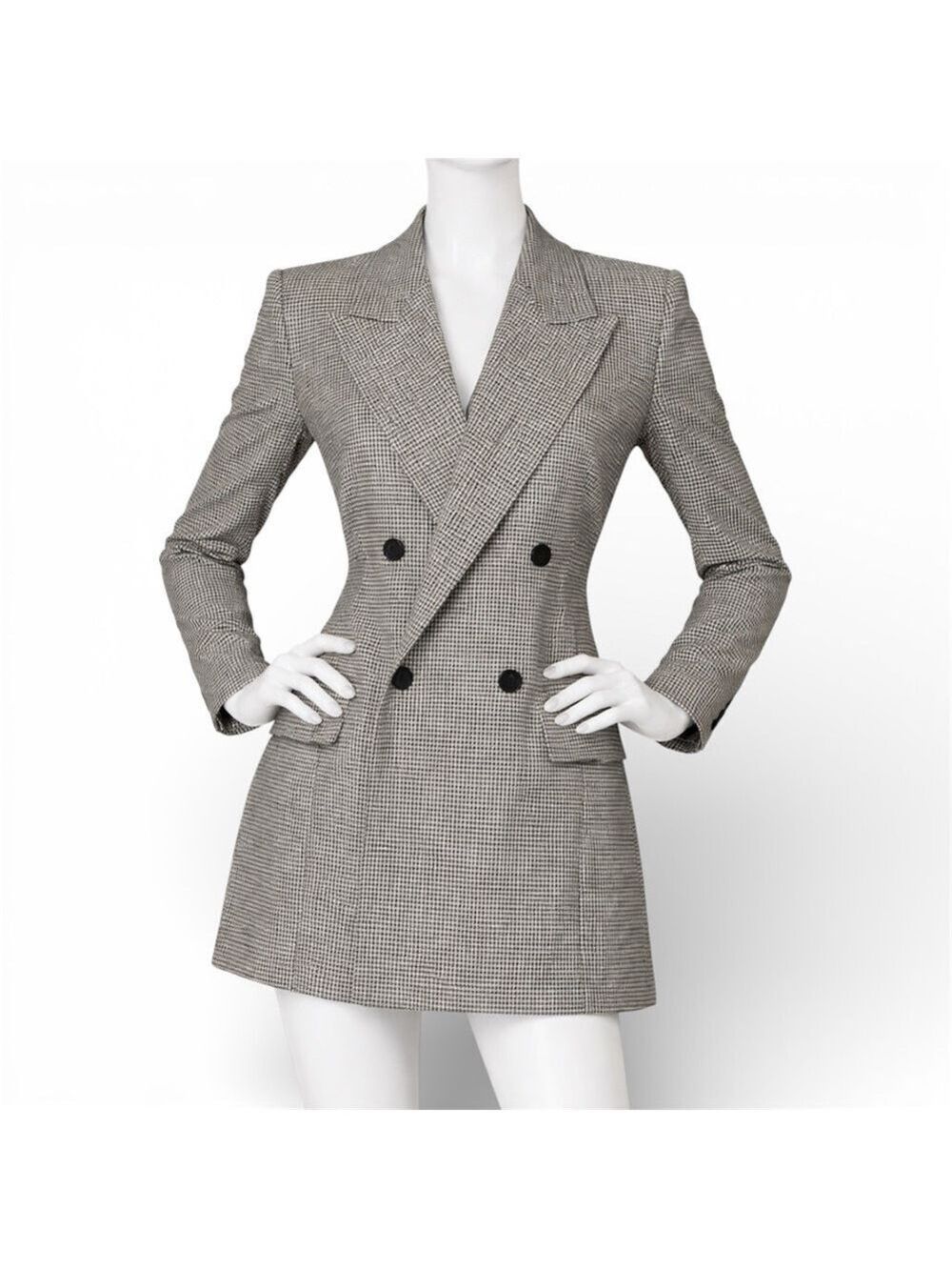 ZARA Houndstooth Double Breasted Blazer Women’s Size Small Black White Longline